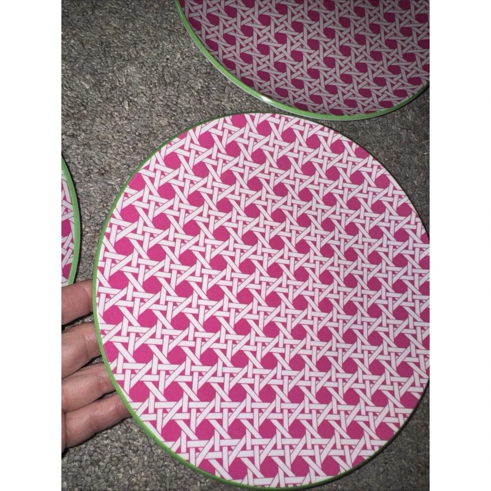 6 Pink Green Cynthia Rowley Melamine 9” Plates Geo Wicker Cane Pattern Preppy